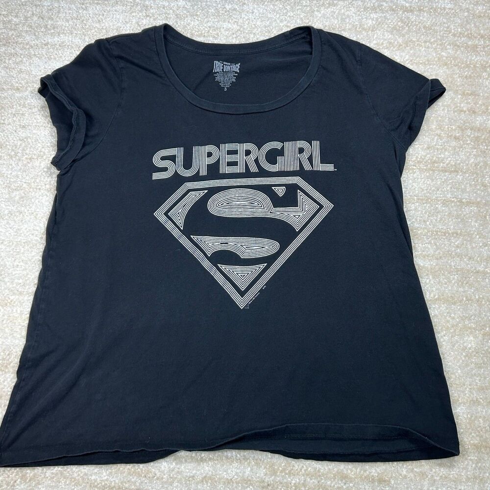 True Vintage Tee Womens L Supergirl Graphic Black Short Sleeve Crew Neck